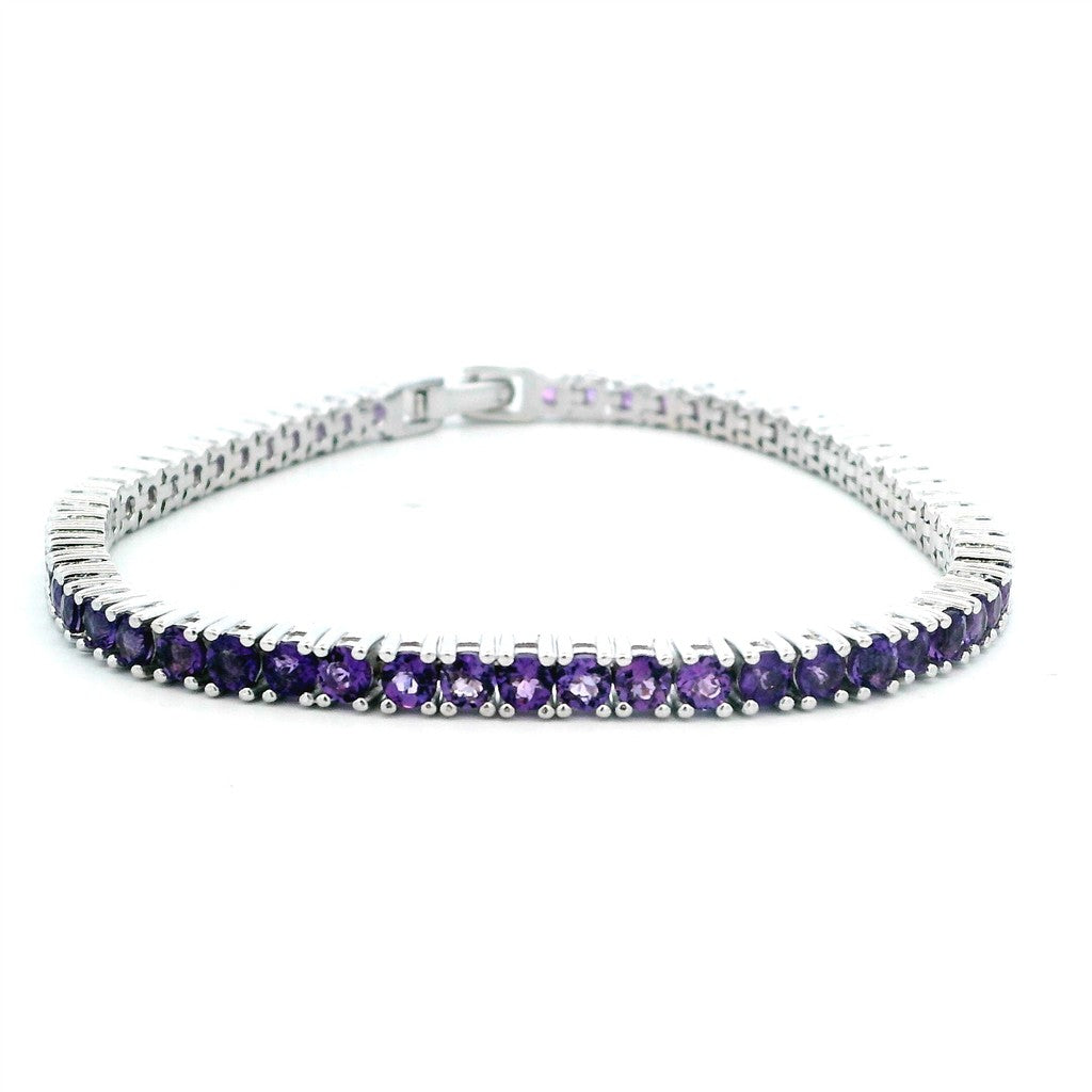 Tennis Style Gemstone Bracelet Sterling Silver Silver With Amethysts 8" Long