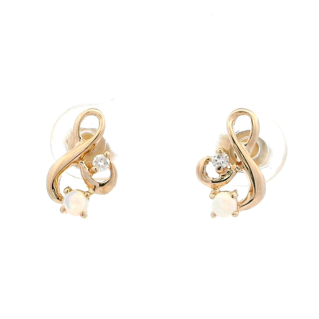 14 Karat Yellow October Studs Earrings Cabochon Round Opals 0.01 ctw Round Diamonds