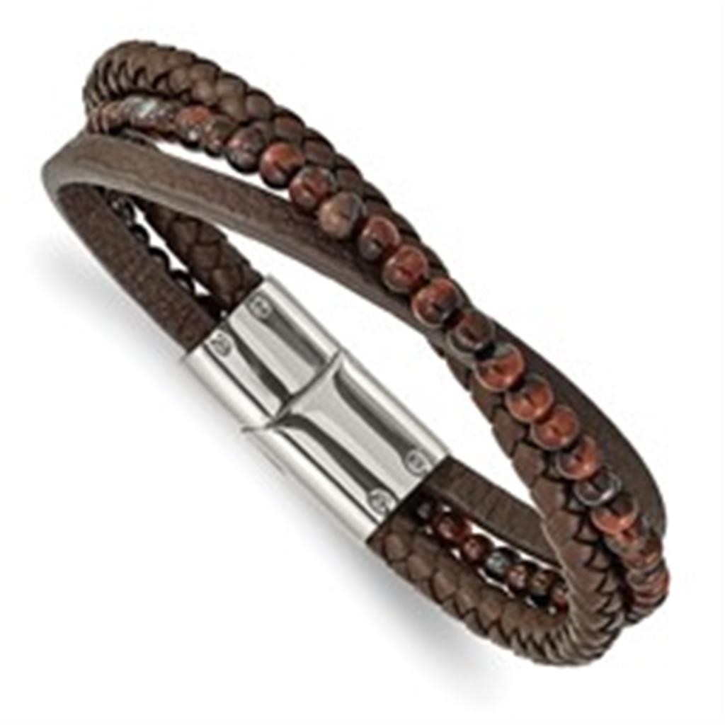 Braid Style Gemstone Bead Bracelet Stainless Steel Leather with Brown Tigers Eye 8.25"