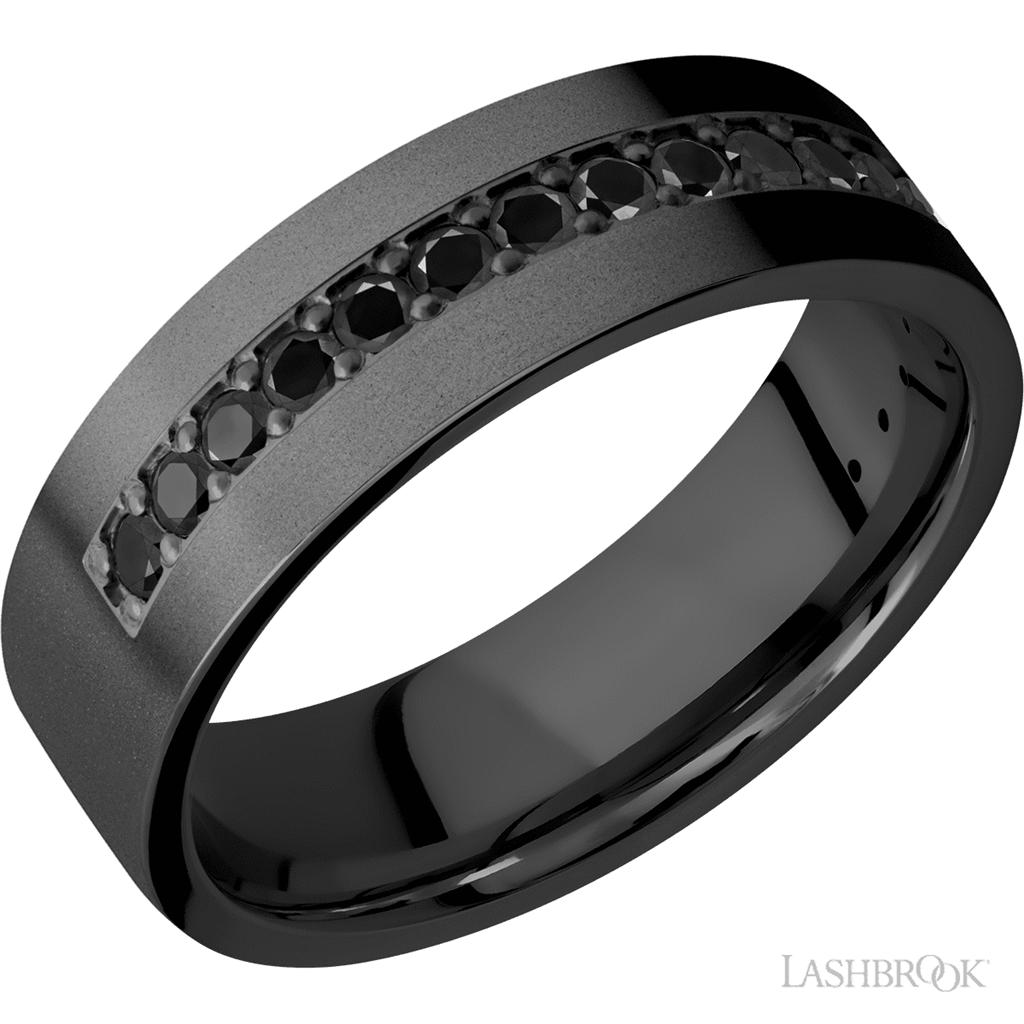 Black Zirconium Alternative Metal Ring 7mm wide with Round Diamonds Size 10