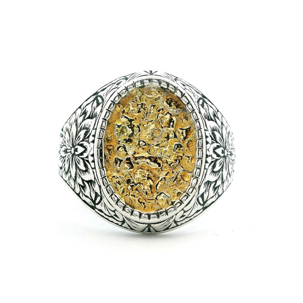Floral Style Signet Men's Ring Sterling Silver & Alaskan Gold Nugget Size 9