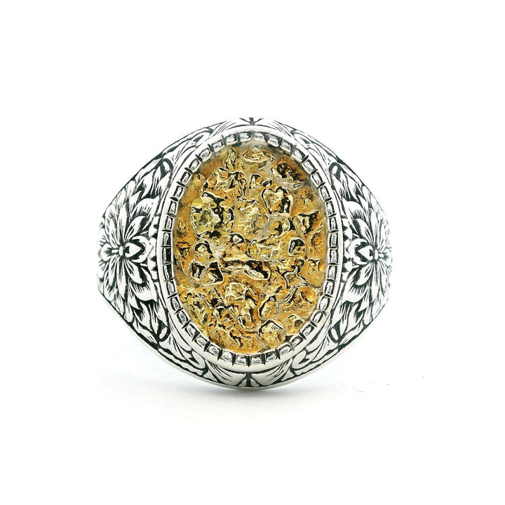 Floral Style Signet Men's Ring Sterling Silver & Alaskan Gold Nugget Size 9