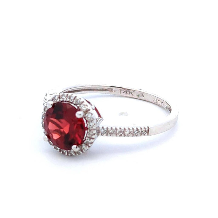 Halo Style Colored Stone Ring 14 Karat Gold White with Garnet Mozambique & Diamond Accent size 7