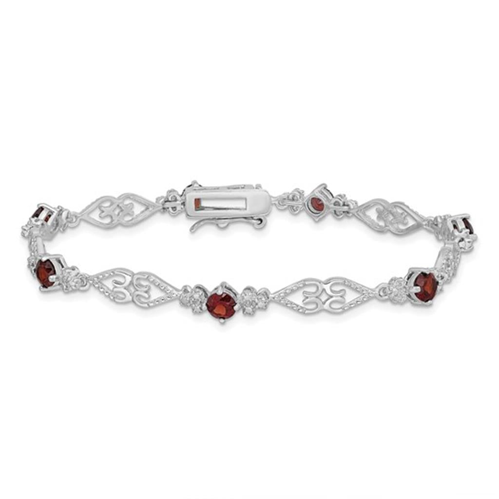 Fancy Link Style Colored Stone Bracelet .925 White With Garnet Mozambiques 7" Long
