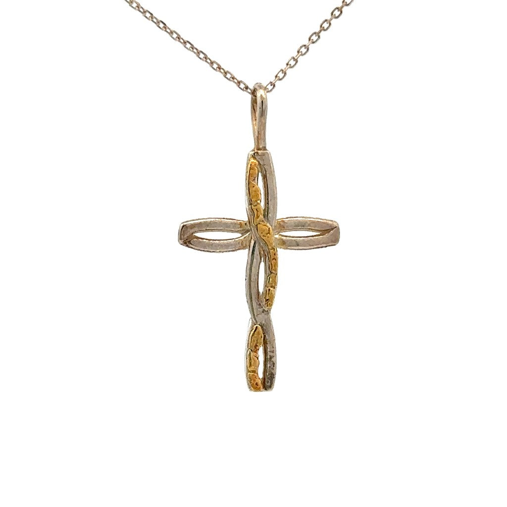 Cross Style Weave Pendant Sterling Silver & Alaskan Gold Nugget