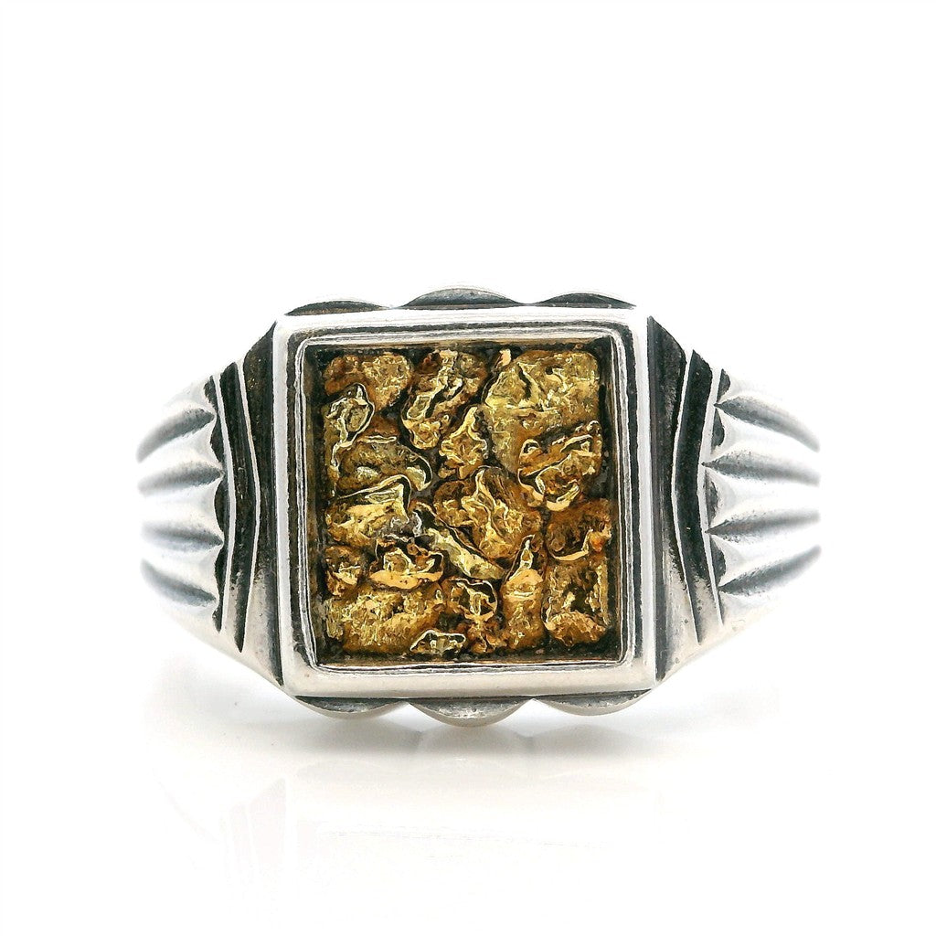 Signet Men's Ring Sterling Silver & Alaskan Gold Nugget Size 12
